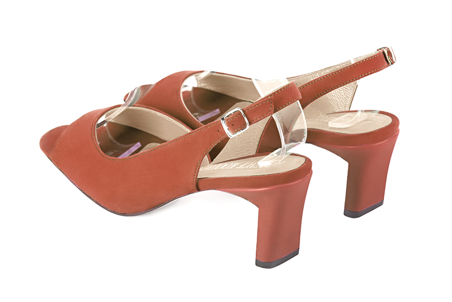 Women's terracotta orange open-toe dress pumps with back strap. Square toe. Medium comma heels - Rear view